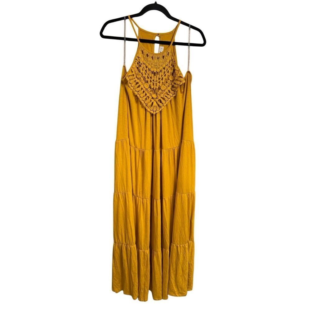 Three Bird Nest Perfection Tiered Maxi Dress Mustard Crochet Large